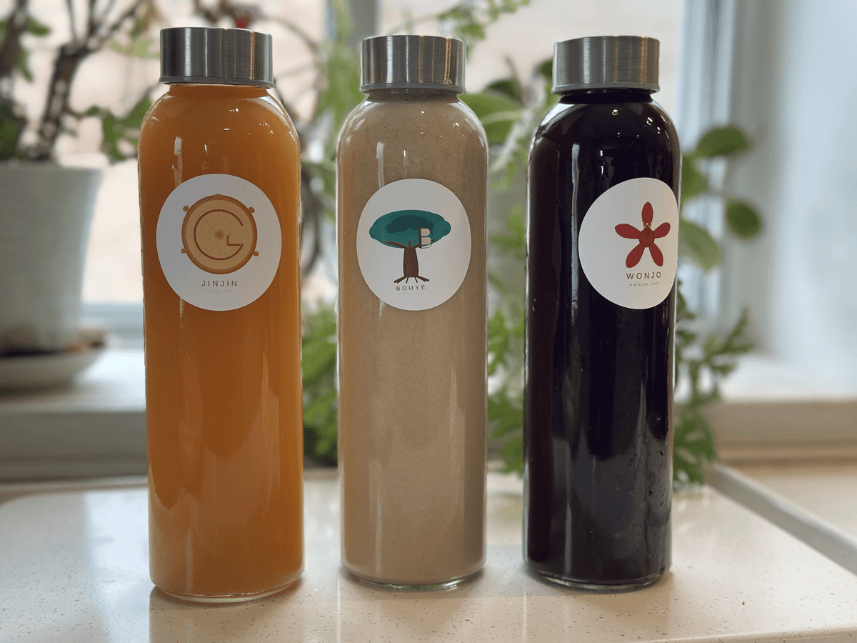 Bouye wellness juices — Wonjo, Ginger, and Baobab bottles
